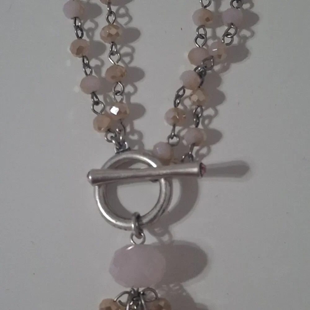 Multi Strand Pink Beaded Silver Tone Chain Tassel Y Drop Lariat Necklace